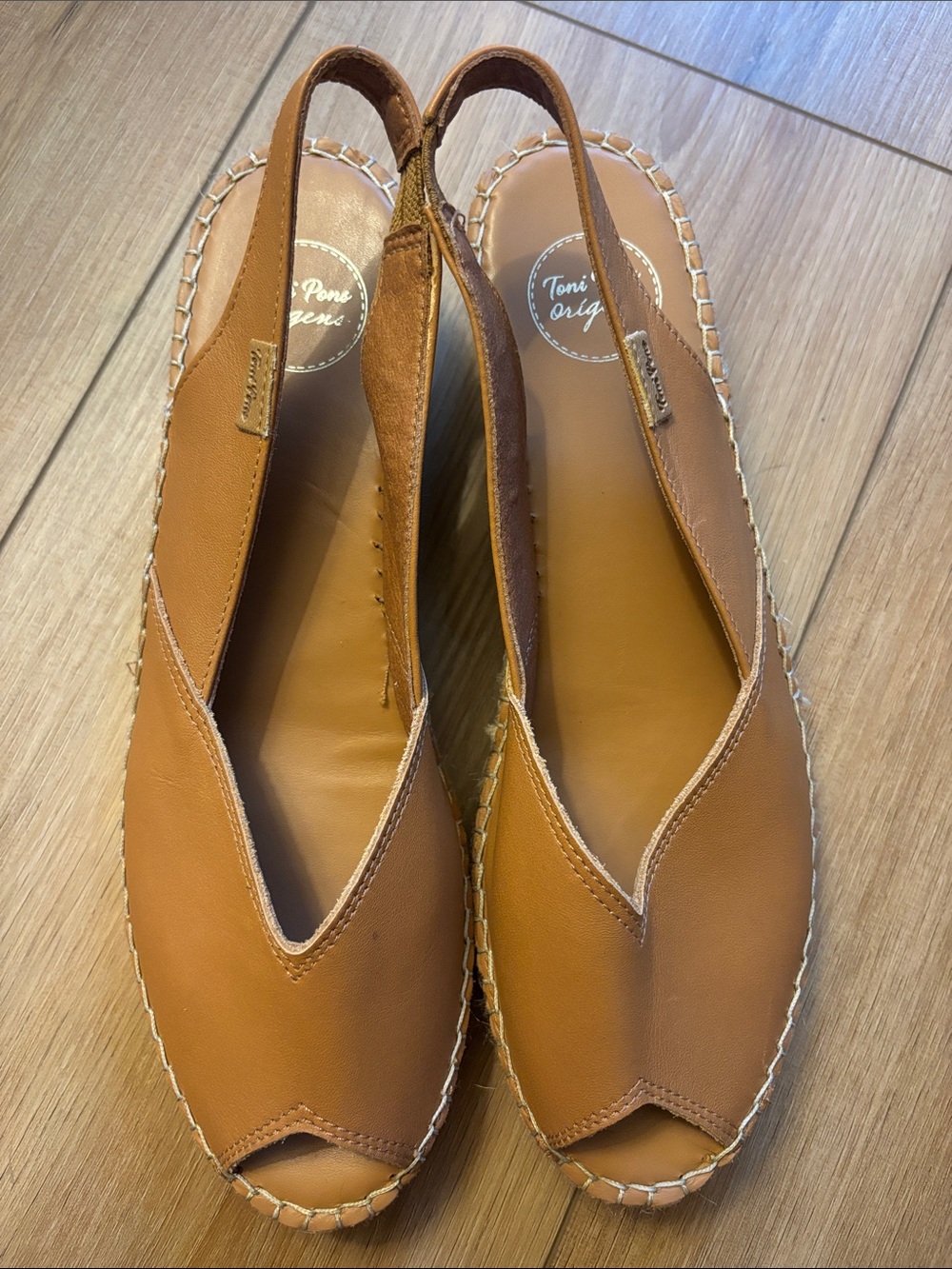 MADE IN SPAIN - Leather Slingback Espadrille Peep-Toe Flats — Tan - Picture 3 of 9